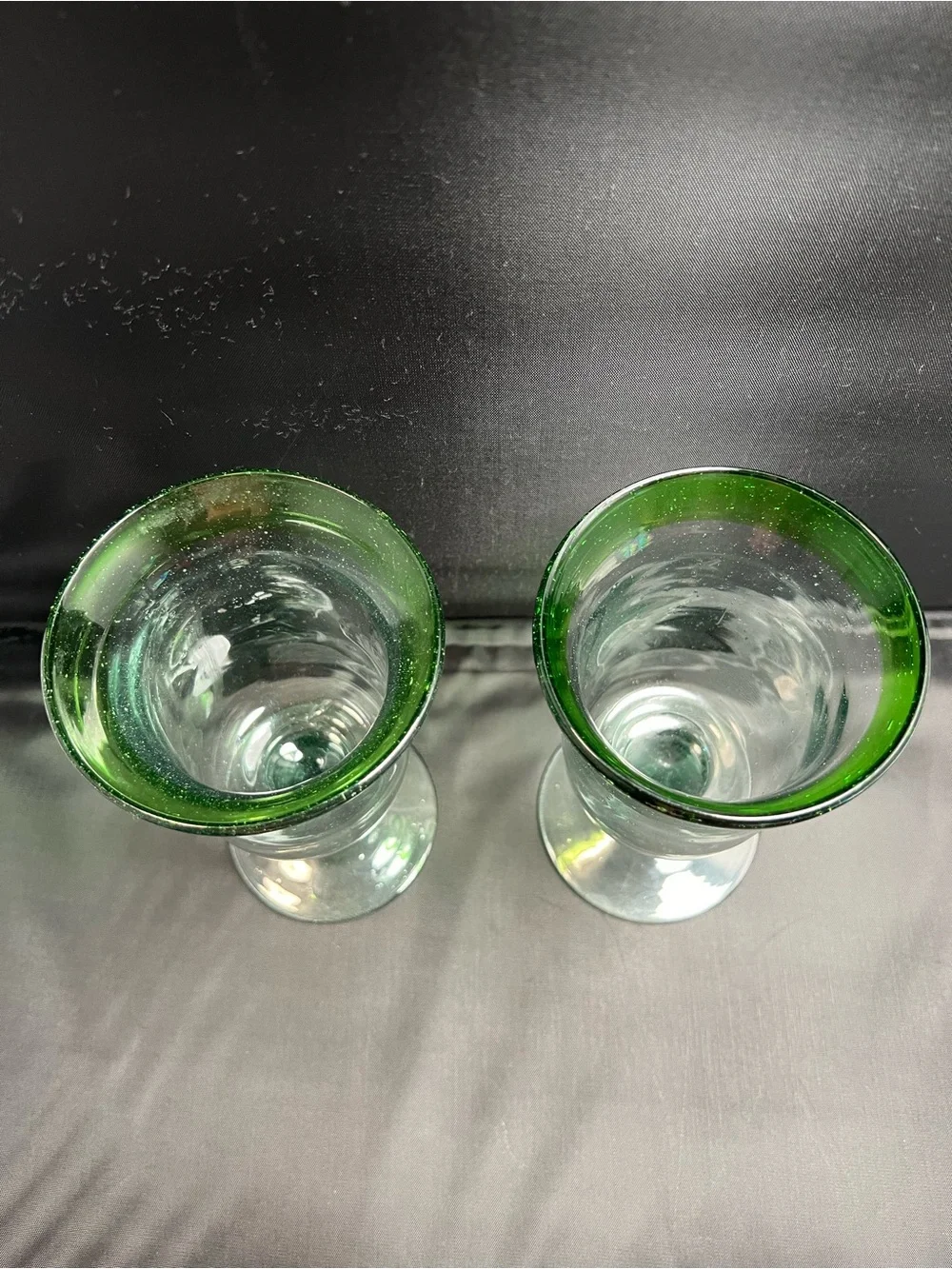 Pair of Hand-Blown Recycled Glass Goblets with Green Rim & Seed Bubbles